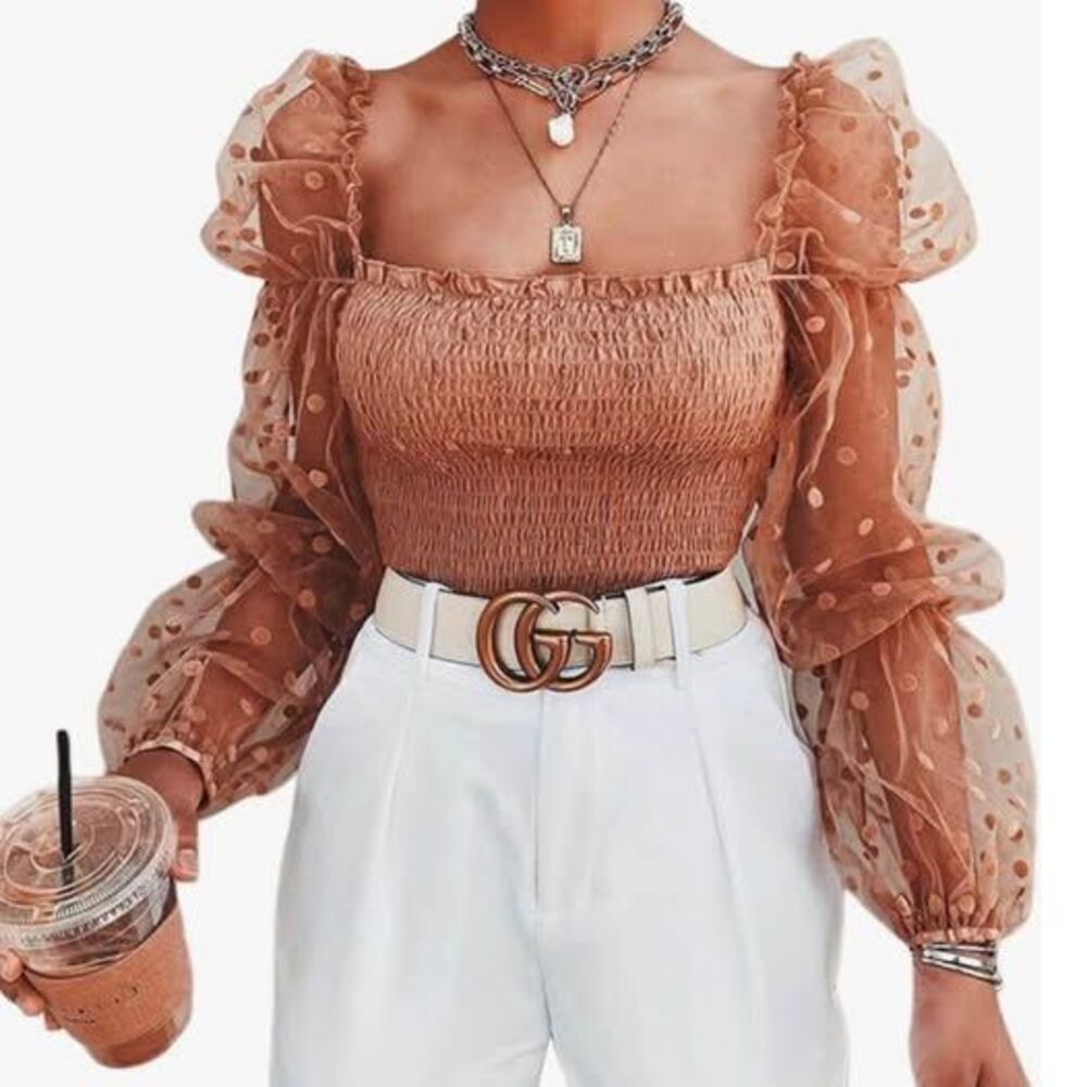 Tan Smocked Polka Dot Sheer Puff Sleeve Crop Top Square Neck Ruffle Mesh Blouse